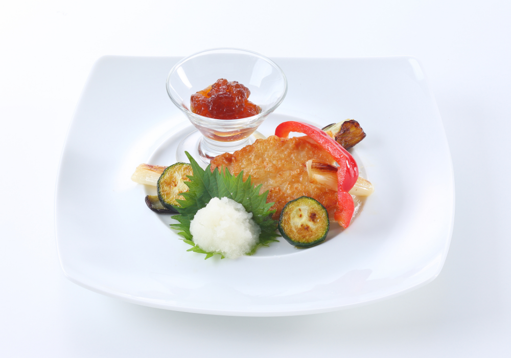 チキンのロティと野菜のグリル　大根おろしとポン酢ジュレ