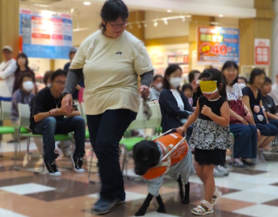 視覚障害「ロービジョン」を知る商品体験会 いばらき盲導犬協会によるデモンス トレーション。アイマスクを着けた子ど もが盲導犬と一緒に歩く体験も