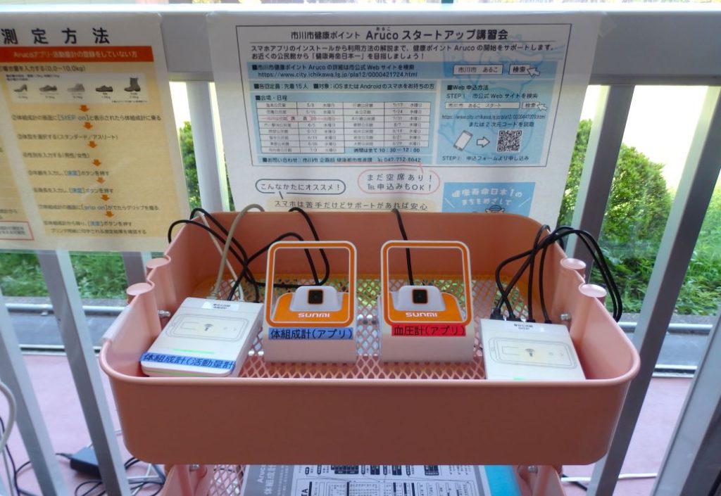 市川市健康ポイントAruco　二次元コードリーダー。スマホをかざして測定。30秒から1分で結果が出る