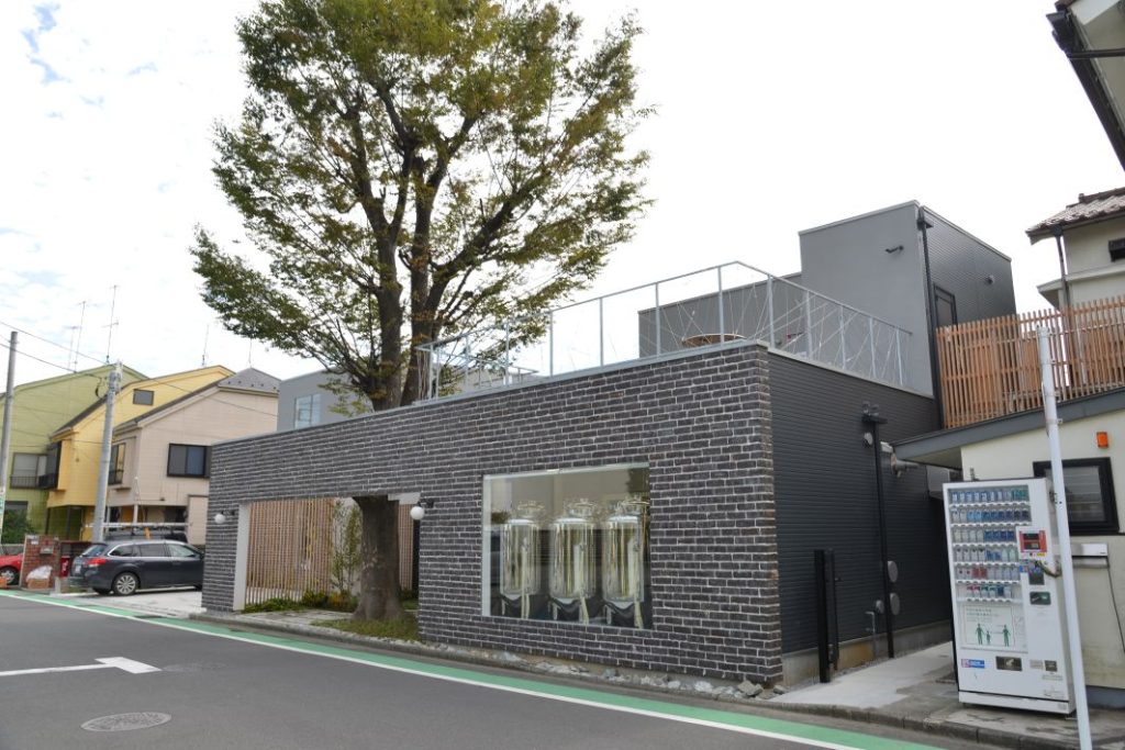 籠屋ブルワリー 静かな住宅街の中で凛と立つ1本の木が目印