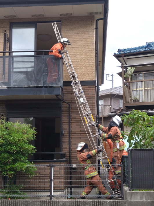 狭い通路ではしごを使う訓練にも
