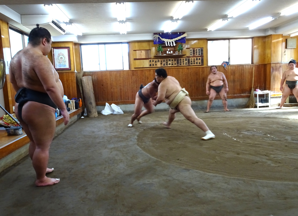 隆志に胸を貸す阿武松親方(右)、見守る土佐緑(左)
