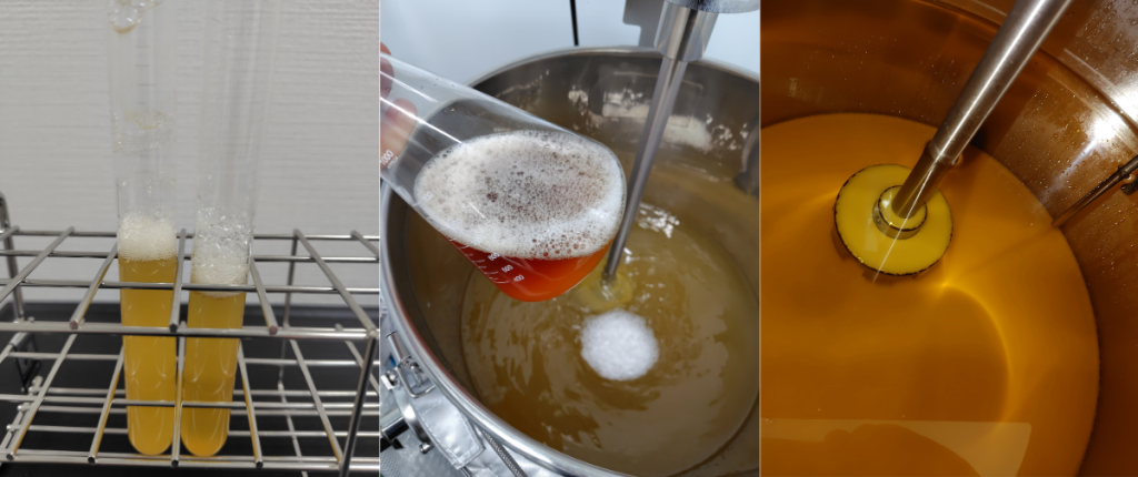 飯村養蜂 試験管から酵母を少しずつ増やし、タンクでアルコール発酵へ。その後、酢酸発酵を経て澄んだお酢へと仕上げる